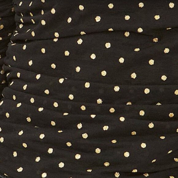 NWT 1. STATE Ruffle Cuff Off Shoulder Ruched Sleeve Top Black & Gold Polka Dot - Picture 3 of 3